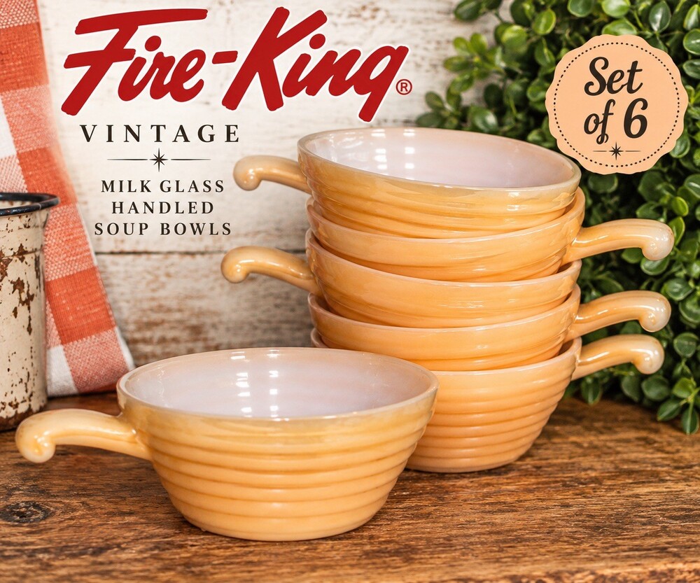 Vintage Fire King Peach Luster Milk Glass Handled Soup Bowls Set of 6 Ribbed